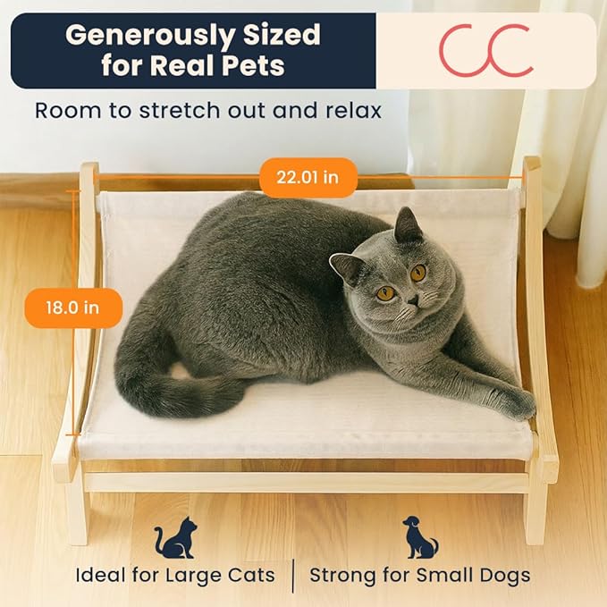 CallieCo Wooden Cat Hammock Bed, Modern Elevated Pet Lounger with Premium Wooden Frame & Breathable Fabric, Stylish Indoor & Outdoor Cat Bed for Cats & Small Dogs - Ivory