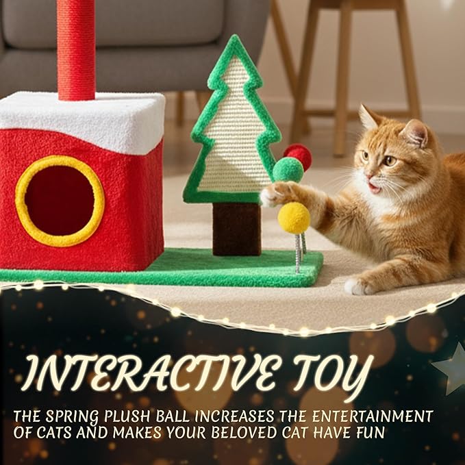 Outvita 29.5in Christmas Outvita Themed Plush Cat Tree, Multi-Level Cat Tower with Cat Condo, Top Crown Perch, Sisal Scratching Posts, Cat Pet Activity Center for Indoor Cats