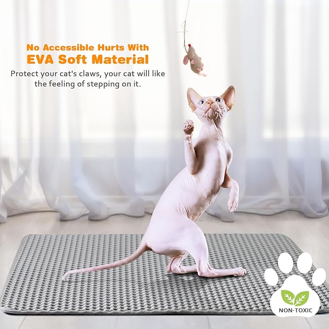 Waterproof Cat Litter Mat, Double Layer EVA, Odor-Free Large Grid, Urine Proof, Easy Cleanup 27 x 46, Gray