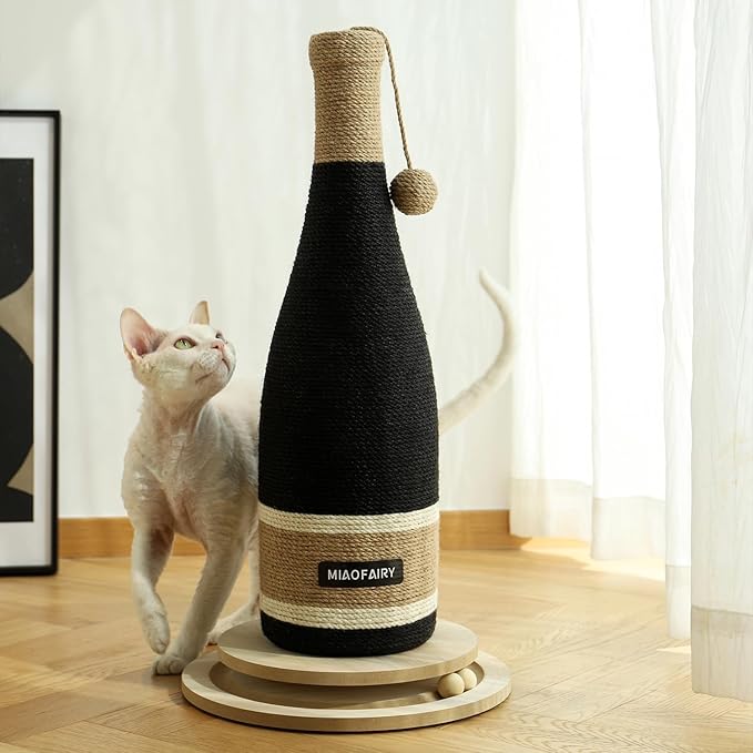 Cat Scratching Post, Premium Cat Scratching Board, Sisal Fiber Cat Scratcher-24.8 Inches with Hanging Ball, Red Wine Bottle Simple Design-Suitable Indoor Small and Medium Cats (24.8 in, Wooden Base)