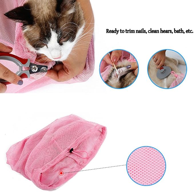 Xiaoyu Cat Grooming Bag, Adjustable Cat Restraint Bag for Bathing Nail Clipping Cleaning(Head Bag + Body Bag), Pink