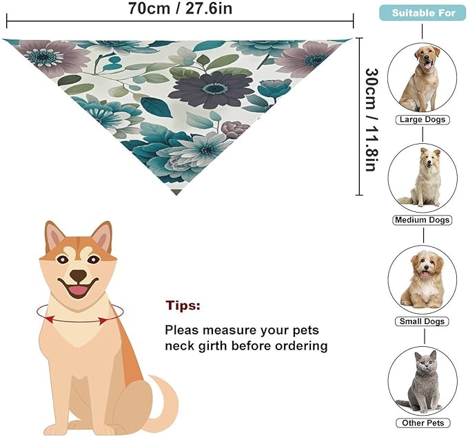 Dog Bandana Spring Pet Scarf Adjustable Triangle Teal Grey and White Floral Printing Dog Bib Washable Polyester Puppy Bandana for Small Medium Large Dogs Cat Birthday Party Supplies