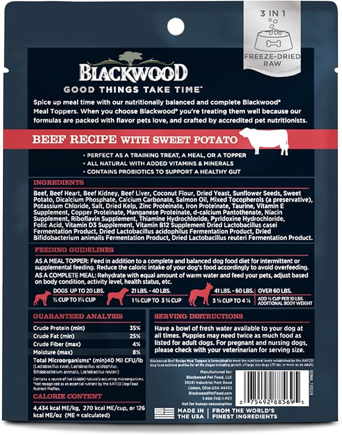 Blackwood Dog Food Topper, Beef Recipe with Sweet Potato, 8 Ounce, High Protein with Probiotics, Use as Training Treat, Meal, or Topper (Pack of 2)