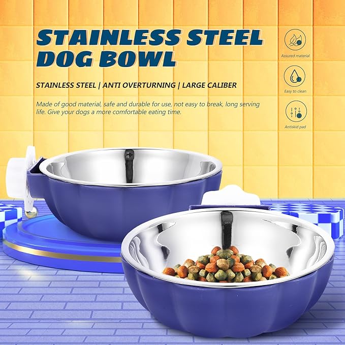DOITOOL Hanging Stainless Steel Pet Bowl Large Blue Sturdy Feeding Bowl Convenient Water Dish for Dogs and Cats Household Feeding Supply