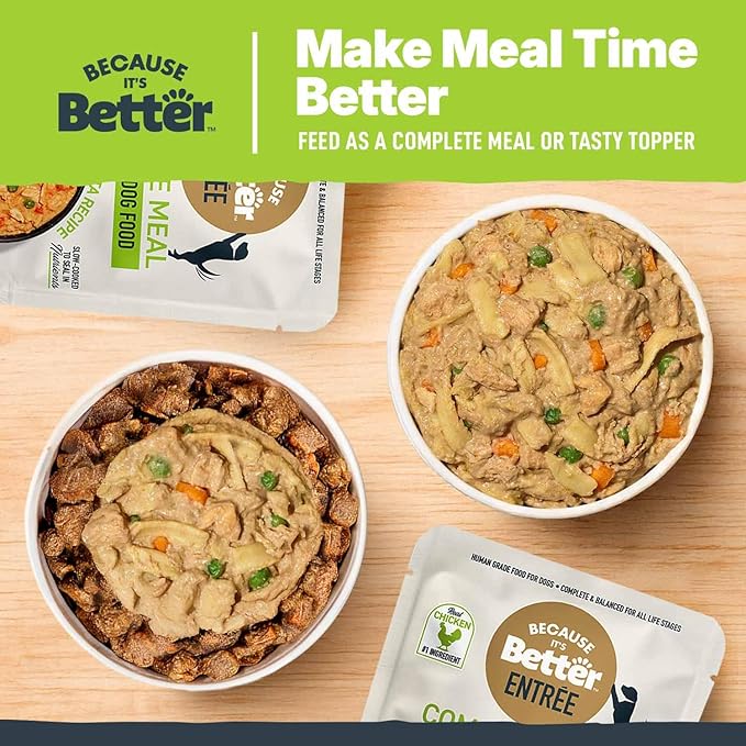 Because It's Better Entrée Complete Meal, Chicken & Pasta Recipe, Human Grade Wet Dog Food, 10 oz Pouches, 6 Count