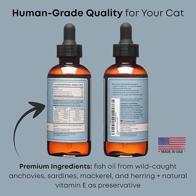 Omega 3 Fish Oil for Cats - Promotes Healthy Skin, Shiny Coat, & Strong Joints - No More Cat Dandruff - 4 oz with EPA & DHA 330 mg Omega-3's per 1 mL - Freshly Bailey