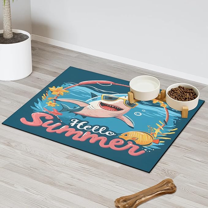 Funny Sharks Dog Food Mat for Floors Absorbent Dog Bowl Mat for Food and Water Dispenser Quick Dry Cat Food Placemat Pet Supplies 24" x 32", Hello Summer