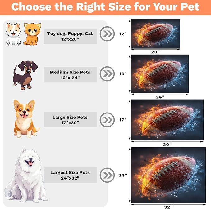 Fire Football Dog Food Mat for Floors Absorbent, Quick Dry Water Dispenser Mat for Food, Water, Pet Supplies 12" x 20", Lightning Rugby