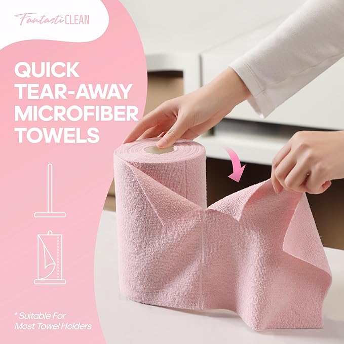 Fantasticlean Microfiber Cleaning Cloth Roll -60 Pack, Tear Away Paperless Towels, 8" x 8", Reusable Washable Rags, for House Kitchen, Pet, Office, Indoor Outdoor, Compact and Portable (Pink)
