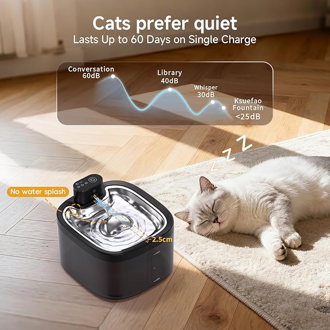 Cat Water Fountain Cordless: Battery Operated 118oz/3.5L Pet Water Fountain for Cats Indoor with Motion Sensor, Cat Drinking Fountains with Stainless Steel Tray, Ultra Quiet, Easy-to-Clean