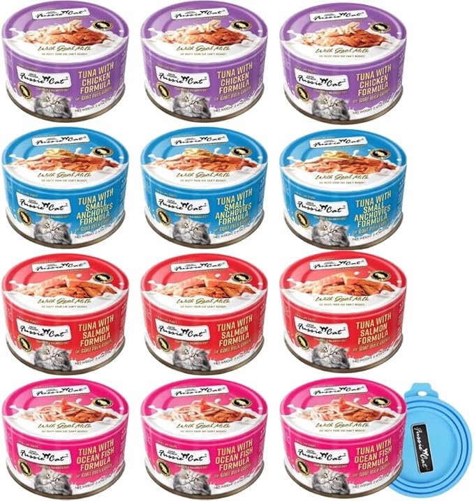 Fussie Cat Super Premium Canned Wet Cat Food in Goat Milk Gravy -2.47 oz Cans - Variety Pack of 12 Cans - 4 Flavors Plus Can lid