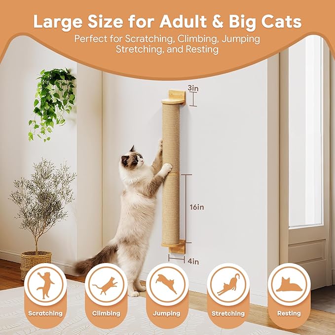 Cat Wall Scratcher Post- 35" Thicker Columns Wall Mounted Rubber Wood Sisal Scratching Post Furniture for Large Cats and Kittens