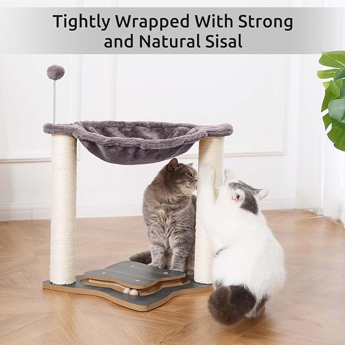 FluffyDream Cat Scratching Post for Indoor Cats, Small Cat Tree Tower with Hammock,Wooden Interactive Ball Track for Kitten and Adult Cats,18inches (Grey)