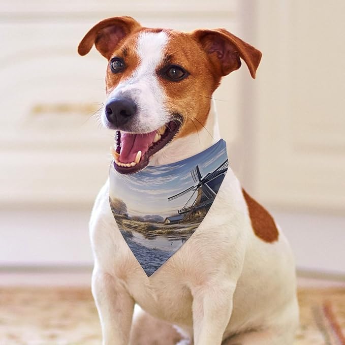 Dog Bandana Spring Pet Scarf Adjustable Triangle Landscape with A Traditional Windmill Printing Dog Bib Washable Polyester Puppy Bandana for Small Medium Large Dogs Cat Birthday Party Supplies