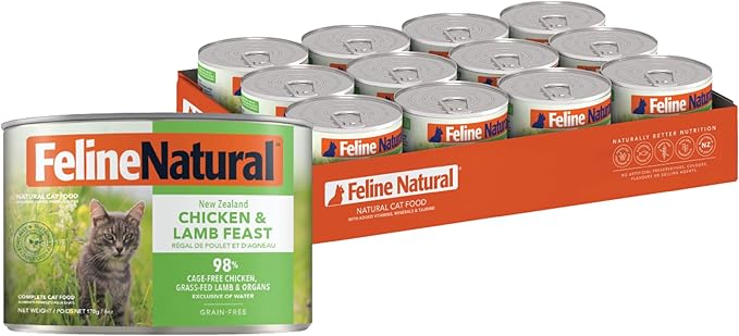 Feline Natural New Zealand Canned Catfood Wet Food, High-Meat, Low-Carb, & Grain Free Cat Food Wet, Chicken and Lamb Feast, 6 oz, Pack of 12