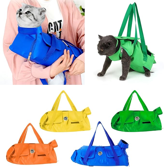Cat Restraint Bag, Scratch-Resistant Nylon Cat Grooming Bag with Zipper & Paste Tape, Adjustable Multifunctional Cats Carry Bag for Administering Eye Drops, Ear Cleaner, Clipping Nails (Orange_M)