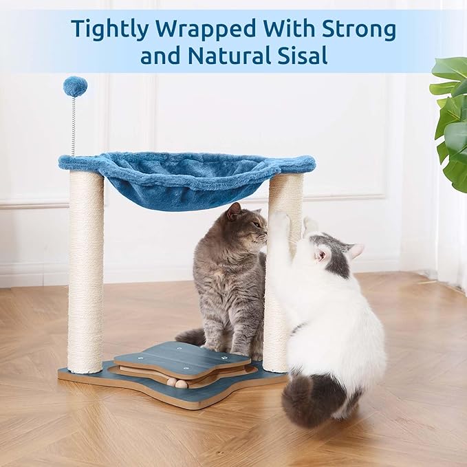 Cat Scratching Post for Indoor Cats, Small Cat Tree Tower with Hammock Wooden Interactive Track Ball,Wooden Interactive Ball Track for Kitten and Adult Cats,18inches (Grey)