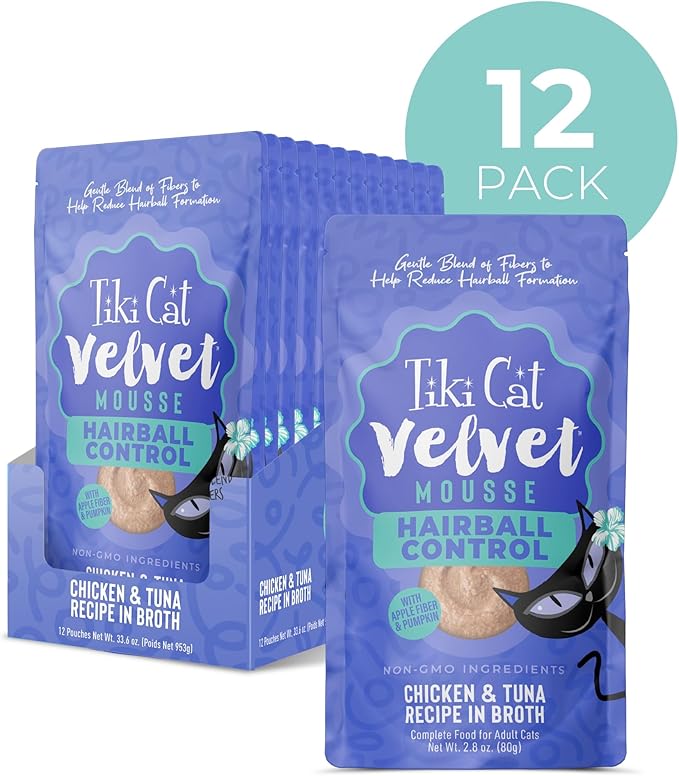 Tiki Cat Velvet Mousse Wet Cat Food, Hairball Control, Chicken & Tuna Recipe in Broth, 2.8 oz. Pouch (12 Count)
