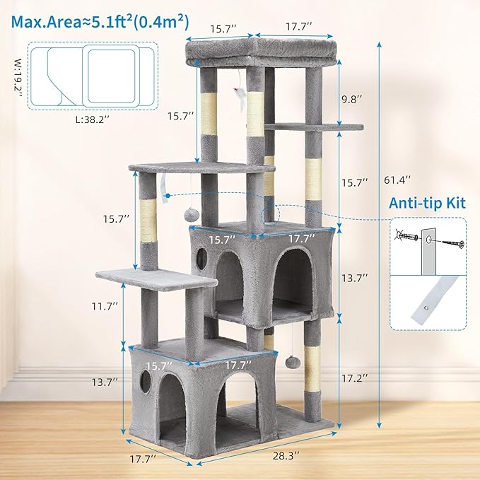 GarveeLife 61" Multi-Level Cat Tree for Indoor Cats, Heavy-Duty Tower for Large Adult & Maine Coon Cats with Oversized Perch, Dual Condos, Natural Sisal Scratching Posts & Play Toys – Light Gray