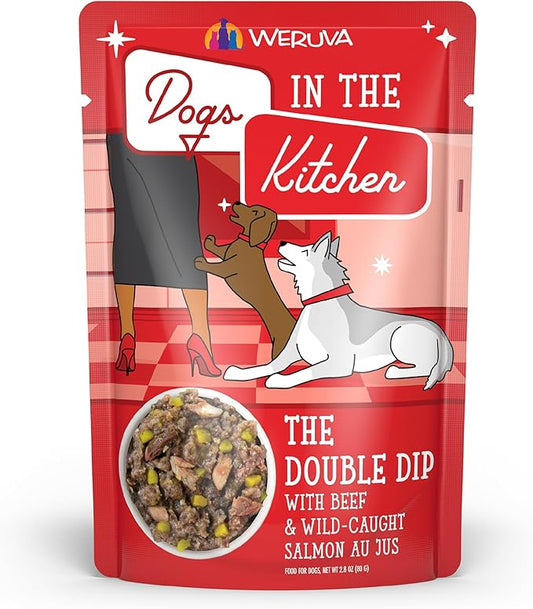 Weruva Dogs in The Kitchen, The Double Dip with Beef & Wild-Caught Salmon Au Jus Dog Food, 2.8oz Pouch (Pack of 12), Red