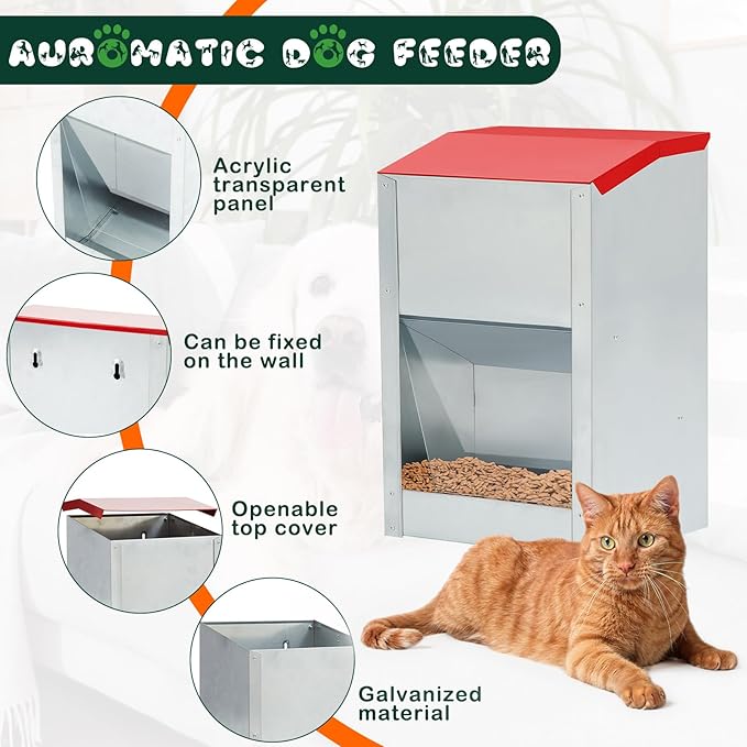 2 Pcs 12 Lbs Large Automatic Dog Feeders with Handle Acrylic Panel Galvanized Gravity Feeder Outdoor Hanging for Doggie Breed Dog Food Dispenser Container(Red, No Wheels)
