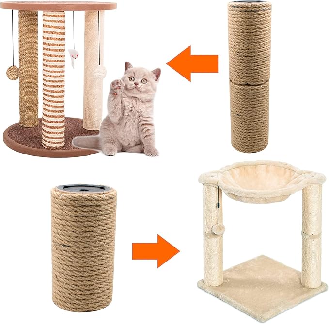 2 Pack Cat Scratching Posts Jute Rope Replacement Scratcher Refill Post for Cats Cube Tower Kittens Scratch Pole Perch Interactive Toys Carpeted Furniture Accessories Deterrent Tree 4.92'' (M8 Screws)
