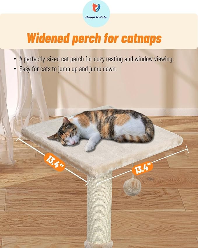 Happi N Pets 26" Cat Scratching Post with Platform, Sisal Cat Tree Tower for Indoor Cats, Featuring with Hanging Balls & Cozy Cat Perch, Stable Cat Scratch Posts for Kittens-Beige