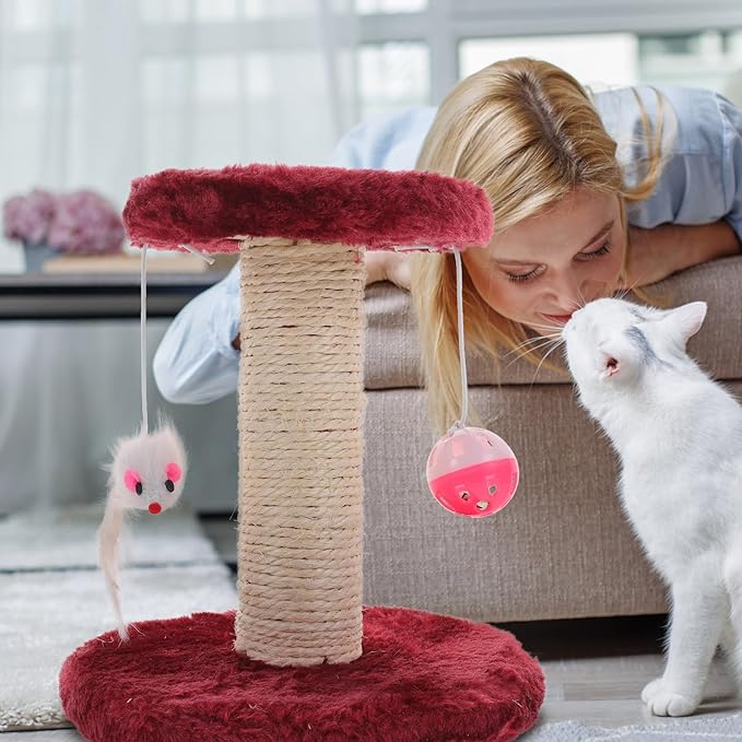 Luxshiny Double-Layer Indoor Cat Scratching Post with Plush Hanging Balls and Sisal Scratching Pillar Vertical Reusable Cat Activity Tower Burgundy Color Random Color