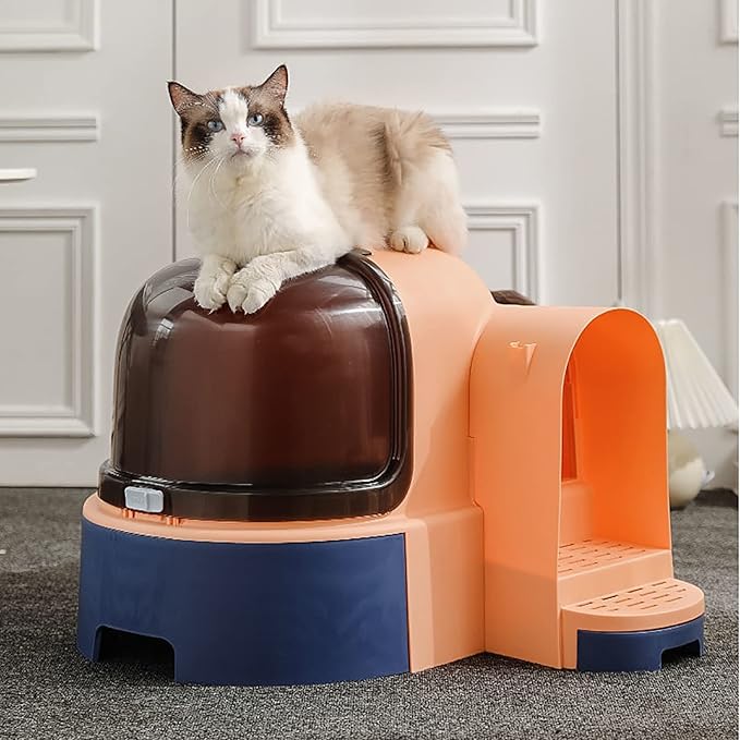 Cat Litter Box, Front Entry Cat Litter Box with Lid, Covered Kitten Litter Tray,Corridor-Type Odor-Proof Litter Box with Sand Drawer Including Cat Litter Scoop (Color : Orange)