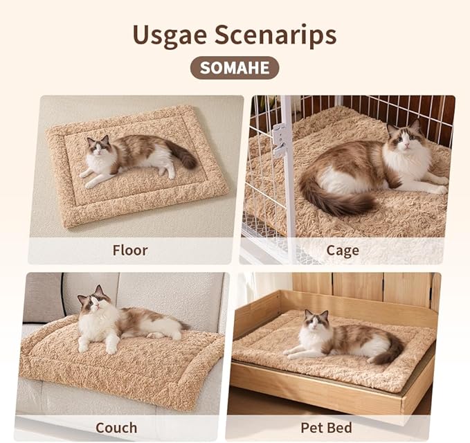 Self Warming Cat Bed Mat, Washable Self Heating Cat Mat, Extra Warm Thermal Pet Pad with Non-Slip Bottom, Soft Plush Faux Fur for Indoor Pet Sleep Cushion, 23x15 Inch Latte