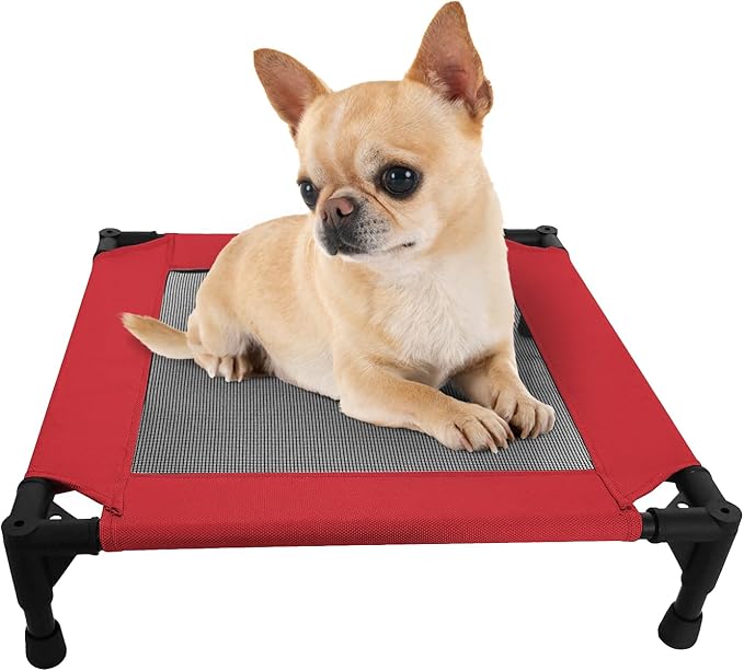 Pozico Elevated Pet Bed with Breathable Mesh for Small Cat and Dog, Raised Cooling Pet Cot for Puppy and Kitty, 18.9x18.9 inch (Red Bed)