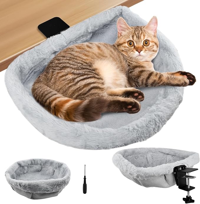 Cat Desk Bed for Remote Workers, 90° Foldable Washable Plush Cover Desk Perch Clamp, Sturdy Desktop Suspended Cat's Bed for Gaming Desks, Home Office, Maximum Hold Up to 40lb, Space-Saving