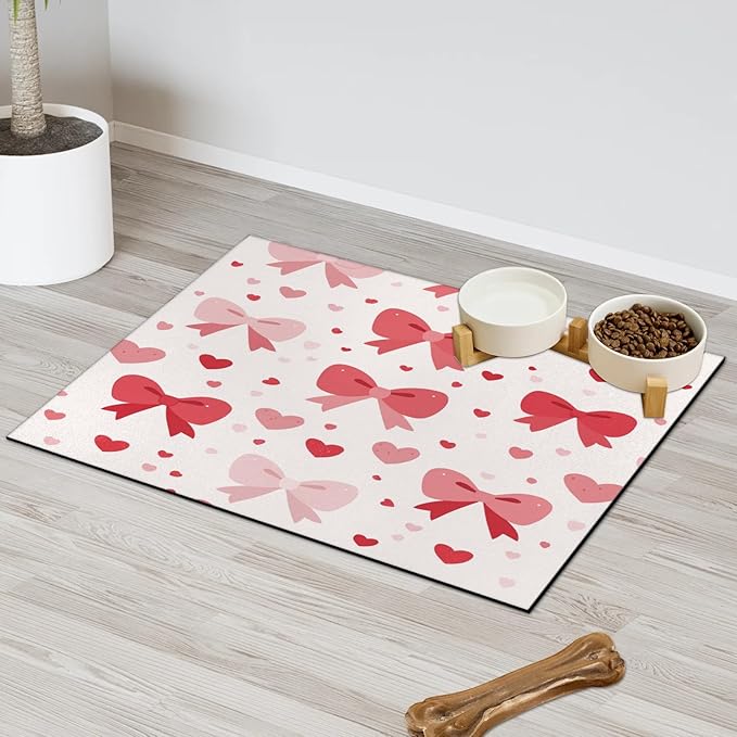 Bow Dog Food Mat for Floors Absorbent, Quick Dry Water Dispenser Mat for Food, Water, Pet Supplies 12" x 20", Love