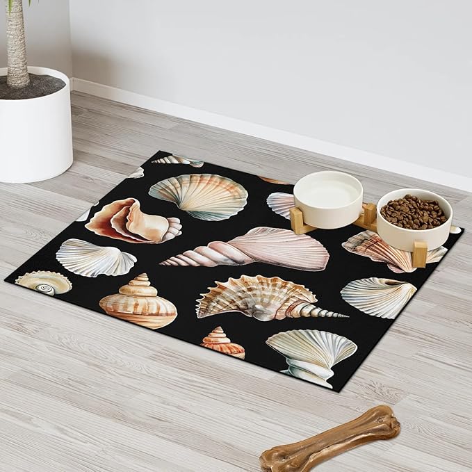 Sea Shell Dog Food Mat for Floors Absorbent Dog Bowl Mat for Food and Water Dispenser Quick Dry Cat Food Placemat Pet Supplies 17" x 30", Beach Conch