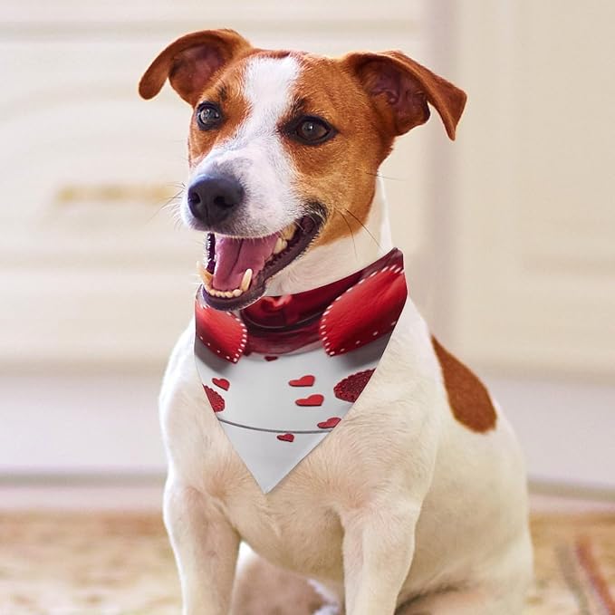 Dog Bandana Spring Pet Scarf Adjustable Triangle Handmade Red Hearts Printing Dog Bib Washable Polyester Puppy Bandana for Small Medium Large Dogs Cat Birthday Party Supplies
