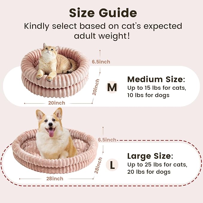Donut Pet Bed for Cats & Small Dogs, Fluffy Warm Round Bed, Machine Washable with Anti-Slip Bottom, Indoor Use, Dark Pink, 28"x28"x5"