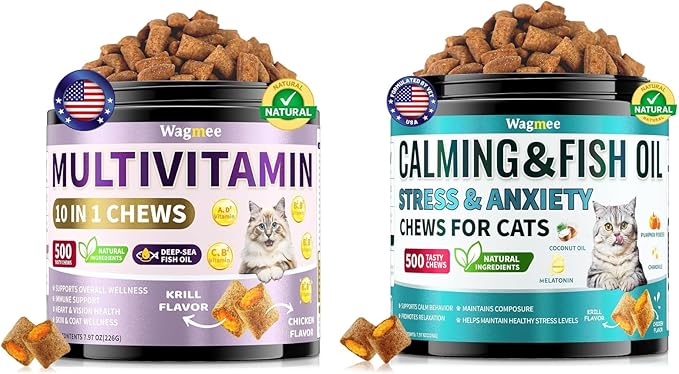 Cat Multivitamin & Calming Treats Bundle – 500 Crunchy & Creamy Chews Each – 10-in-1 Daily Vitamins for Energy, Joint, Skin & Coat + Calming Chews with Melatonin & Chamomile for Stress, Travel