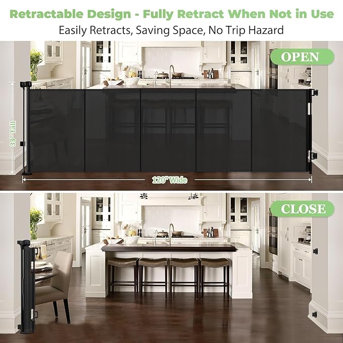 Reinforced 120 Inch Retractable Baby Gates Extra Wide Dog Gate with Support Rods – Prevent Crawling Under, 10 Feet Extra Long Baby Gates for Large Openings, Indoor/Outdoor Retractable Dog Gate, Black