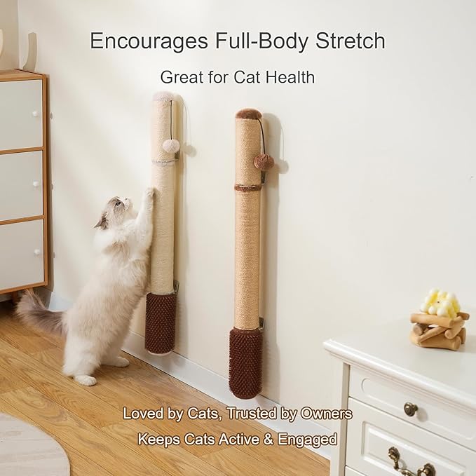 Wall Mounted Cat Scratcher, 34” Extra-Tall Vertical Sisal Scratching Post for Large Cats, Space-Saving Wall Cat Scratcher with Self Grooming Brush & Hanging Ball, Beige
