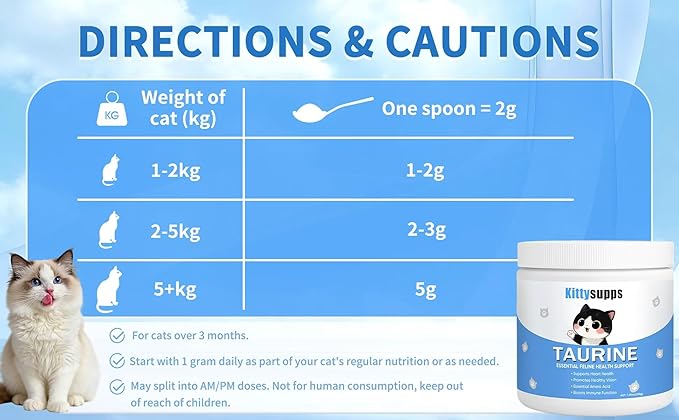 Kittysupps Taurine Powder for Cats, Immune Support, Boost Energy & Vitality,Improves Hair Health, Supports Heart Health, Easy to Mix in Food, with Dosing Spoon, 200g