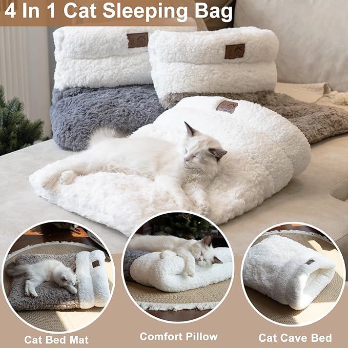 Cat Sleeping Bag 4 in 1 Cute Self Warming Cat Bed Cave with Plush Portable Snuggle Sack/Hideway for Indoor Cats & Small Pets White 21×17 Inch