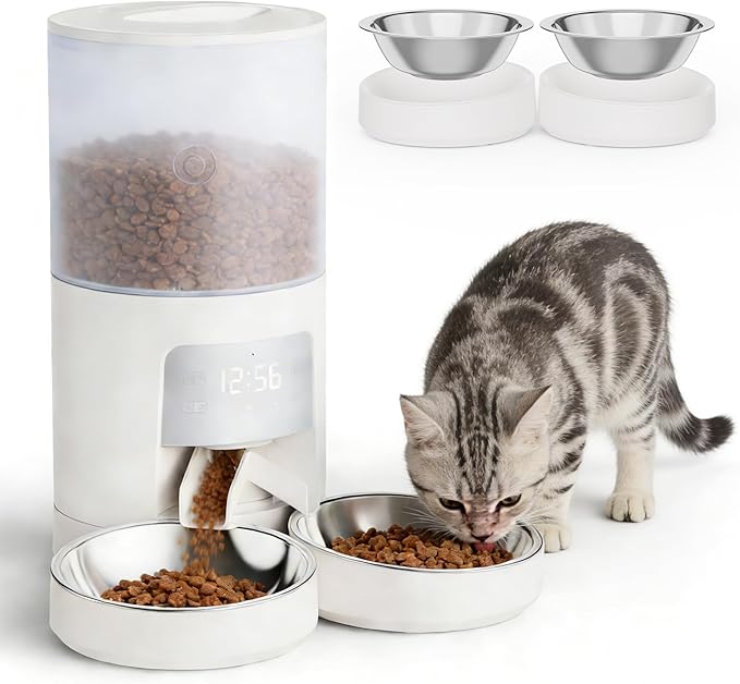 DUMOS Automatic Cat Feeder for 2 Cats, 6L Timed Cat Food Dispenser with 2 Stainless Bowls, 10s Voice Recorder, Dual Power Supply, 6 Meals 50 Portions Per Day, Dual Pet Feeder for Cat and Dog, White