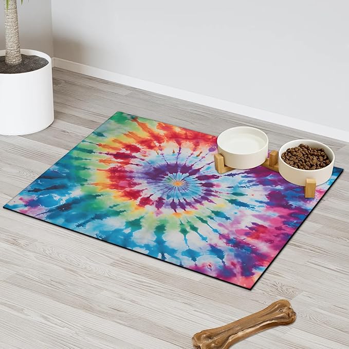 Colorful Tie Dye Dog Food Mat for Floors Absorbent, Quick Dry Water Dispenser Mat for Food, Water, Pet Supplies 12" x 20", Boho Rainbow