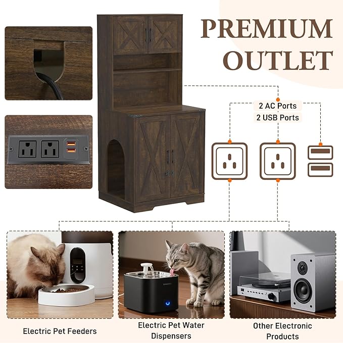 71Inches Tall Cat Litter Box Enclosure for Cats W/Power Outlets,Open Shelves.Wooden Pet Washroom Furniture W/Locks,Cabinet.White Indoor Cats House,Hidden Cat Litter Box for Living Room,Bedroom