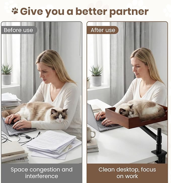 Cat Desk Bed - Classy Bamboo Base Come with Plush Bedding Stable and Sturdy Clamp Can Adjust Height 360° Rotation Have Your Precious Cat Watching While You Study or Work Up to 33 lb Load
