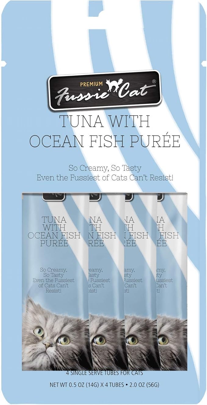 Fussie Cat Tuna with Ocean Fish Puree, lickable cat Treats, 0.5oz Pouch Pack of 4