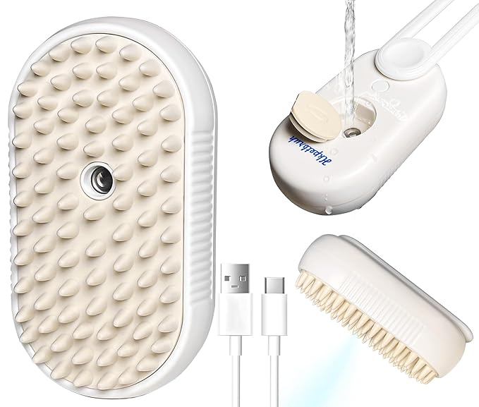 Steam Grooming Brush for Cats and Dogs - Easy to Clean Pet Spa Tool with Water Brush and Hair Removal Technology (O White)