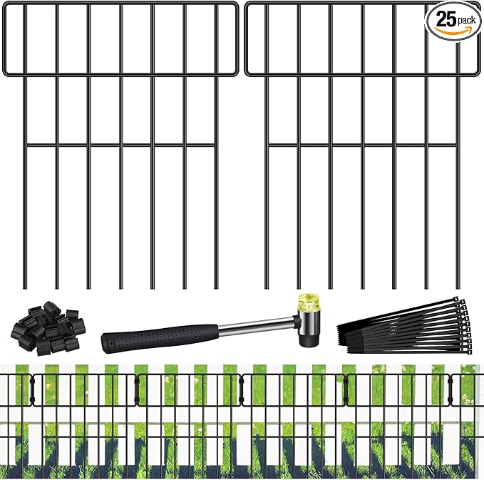 Decorative Garden Fence, 17in x 27ft, Metal Animal Barrier, 25 Pack, Metal Garden Fence Edging, Rabbit and Dog Ground Defense No-Dig Fence for Patio Patio Outdoor Flower Bed Edge Decoration