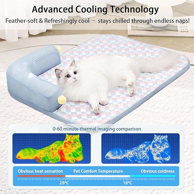 All-Season Ice Fabric Cat Bed with Cushioned Pillow/Play Ball/Washable Mat for Cats, Kittens & Small Pets (Blue, Large-25"x19"x4")