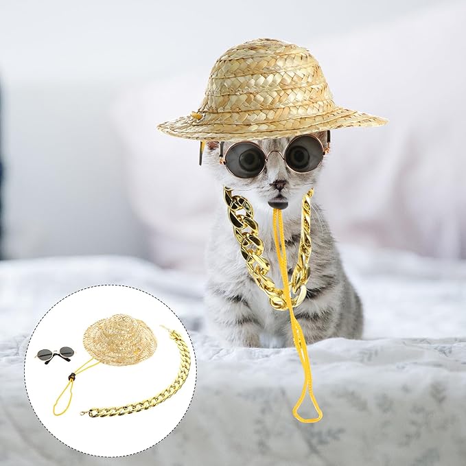 STOBAZA Dog Straw Hat Sunglasses Necklace Set for Puppies Vintage Style Pet Hat Accessories for Small Dogs 3pcs Summer Pet Supply